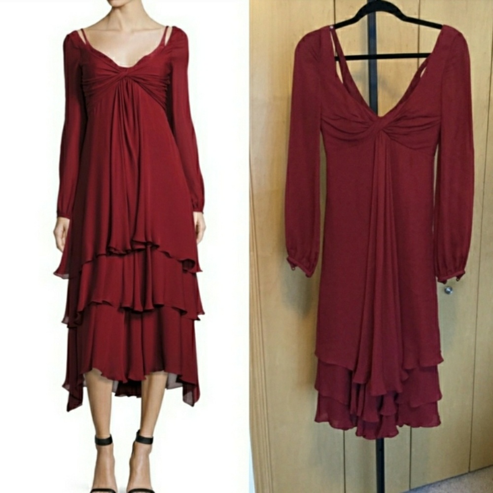 Cinq a Sept Fira Tiered  Silk Dress Pomegranate